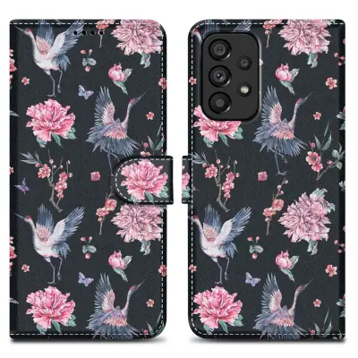 CADORABO Ohišje, združljiv s Samsungom - Design Crane & Flowers št. 9 - Zaščitni pokrov z magnetnim zapiranjem, funkcijo stojala in režo za kartico