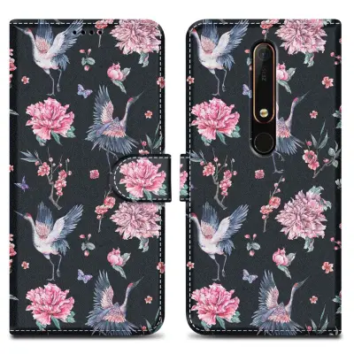 CADORABO primera, združljiv z Nokia - Design Crane & Flowers št. 9 - Zaščitni pokrov z magnetnim zapiranjem, funkcijo stojala in režo za kartico