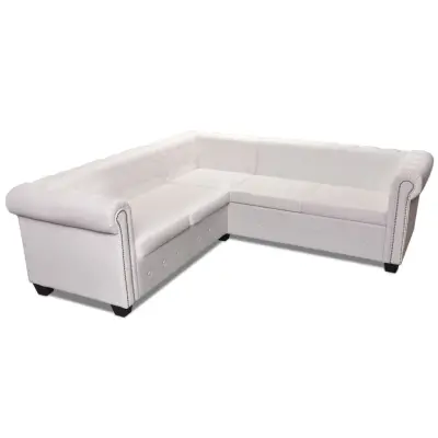 vidaXL Chesterfield kotna sedežna garnitura umetno usnje bela