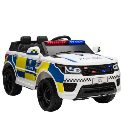 HOMCOM Otroški električni policijski avto, 12V baterija in daljinski upravljalnik, sirena, luči, USB priključek za glasbo, 110x68x52cm, bela