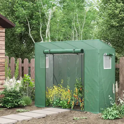Outsunny vrtni rastlinjak iz PE in jekla s 4 koli, 2 stranskima oknoma in ojačanim zgornjim pokrovom, 200x77x148-169cm