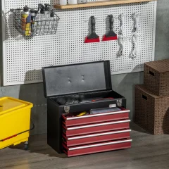 DURHAND Jeklena škatla za orodje s 4 predali in zgornjim pladnjem z dvojno ključavnico, 51x22x39,5 cm, rdeča in črna