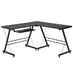 HOMCOM Moderna črna ravna vogalna računalniška delovna miza s predalom za tipkovnico iz jekla MDF v obliki črke L: 130L x 130D x 73,5A cm Ravna: 210L