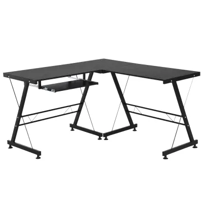 HOMCOM Moderna črna ravna vogalna računalniška delovna miza s predalom za tipkovnico iz jekla MDF v obliki črke L: 130L x 130D x 73,5A cm Ravna: 210L