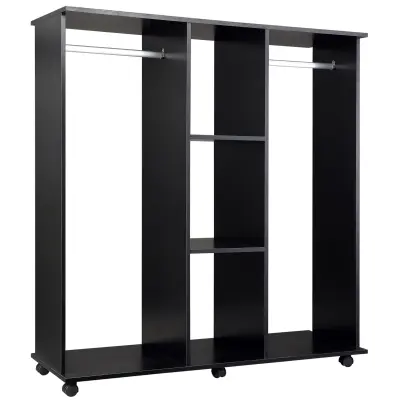 HOMCOM Garderobna omara z dvema omarama, 5 policami in 6 kolesi, les in aluminij, 120x40x128cm, črna