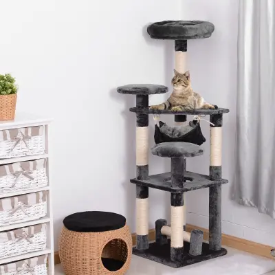 PawHut 4-stopenjsko drevo za praskanje za mačke z visečo mrežo Naravni plišasti podesti iz sisala Višina 132 cm Siva