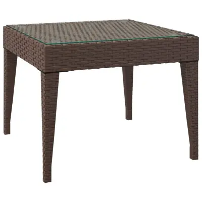 vidaXL Stranska mizica rjava 50x50x38 cm poli ratan in kaljeno steklo