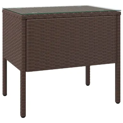 vidaXL Stranska mizica rjava 53x37x48 cm poli ratan in kaljeno steklo