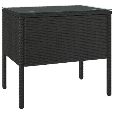 vidaXL Stranska mizica črna 53x37x48 cm poli ratan in kaljeno steklo