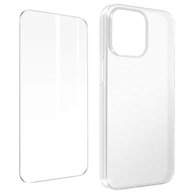 iPhone 14 Pro 360° Protection Pack: Mehka torbica, tanko, prozorno, poševno kaljeno steklo