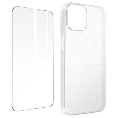 Zašcitni paket 360° za iPhone 14 Plus: mehko ohišje, tanko prozorno poševno kaljeno steklo