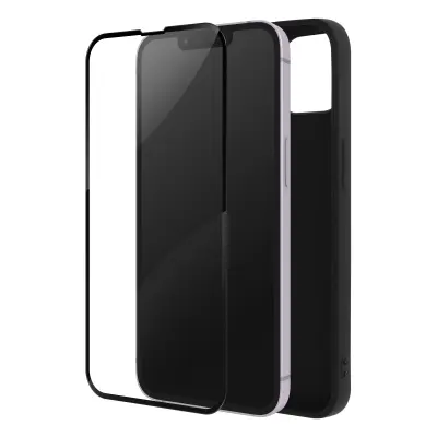 iPhone 14 Plus Full Protection, mat crn silikonski ovitek kaljeno steklo 9H crn obris