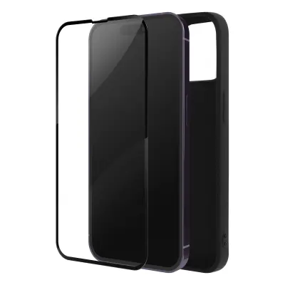 iPhone 14 Pro Max Full Protection, mat crn silikonski ovitek kaljeno steklo 9H crn obris