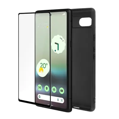 Popolna zašcita Google Pixel 6a, mat crno silikonsko ohišje, kaljeno steklo 9H, crna kontura
