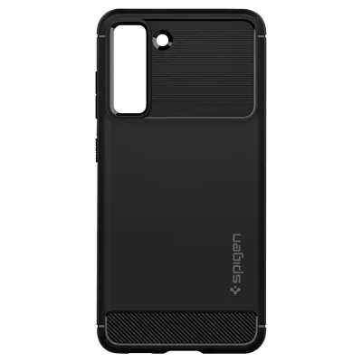 Samsung S21 FE Silikonski ovitek Mat in Carbon Finish, ojacani vogali, Spigen Rugged Armor - crn