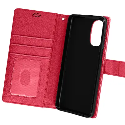 Ovitek za Motorola Moto G52 in G82 s preklopom za denarnico in stojalom za video, magnetnim jezickom in pašckom za zapestje - fuksija