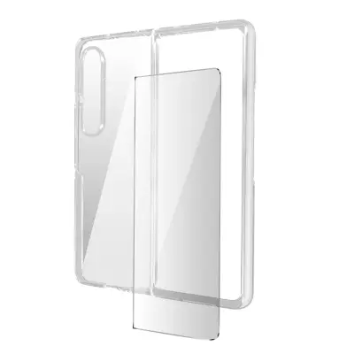 Samsung Z Fold 4 360° zašcitni paket: mehka torbica, tanko prosojno poševno kaljeno steklo