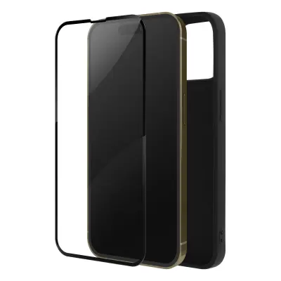 iPhone 14 Pro Full Protection, mat crn silikonski ovitek kaljeno steklo 9H crn obris