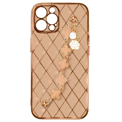 Ovitek za iPhone 12 Pro z geometrijskim vzorcem in verižico iz štiriperesne deteljice - roza