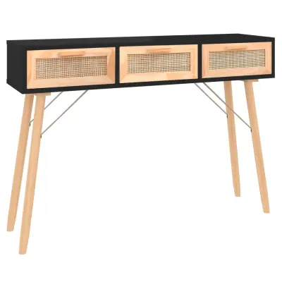 vidaXL Konzolna mizica črna 105x30x75 cm borovina in naravni ratan