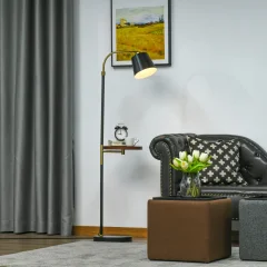 HOMCOM Talna svetilka s polico 29,5 cm, talna svetilka za dnevno sobo, združljiva s 40W žarnicami E27, črna in zlata kovina