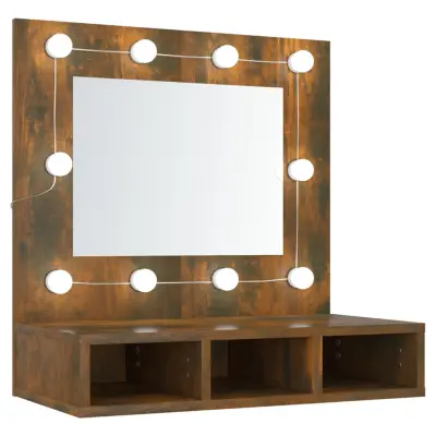 vidaXL Omarica z ogledalom in LED lučkami dimljeni hrast 60x31,5x62 cm