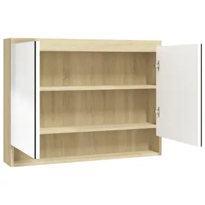 vidaXL Kopalniška omarica z ogledalom 80x15x60 cm MDF bela in hrast