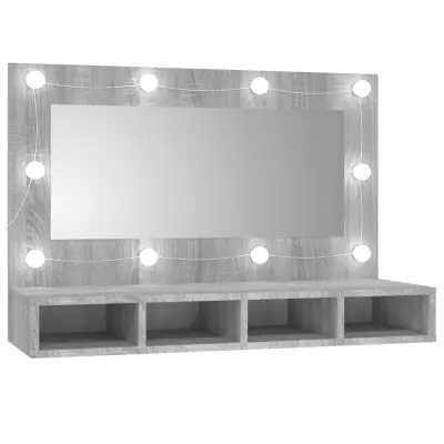 vidaXL Omarica z ogledalom in LED lučkami siva sonoma 90x31,5x62 cm