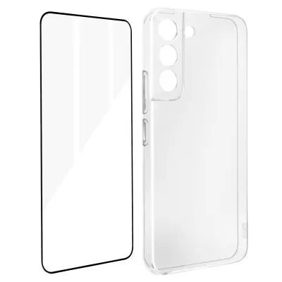 Samsung Galaxy S22 Plus 360° Protection Pack: mehka torbica iz kaljenega stekla s crnim obrisom - prozorna