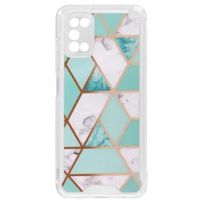Ovitek za Samsung Galaxy A03s in Samsung Galaxy A02s, odporen proti udarcem, geometrijski vzorec, marmorna turkizna in bela