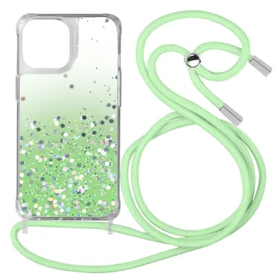 Trden ovitek z blešcicami za iPhone 13 Pro Max, odporen na udarce, z nastavljivo vrvico - zelen preliv