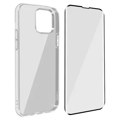 iPhone 13 Pro Max 360° Protection Pack: mehak silikonski gel ovitek iz kaljenega stekla Contour Black - prozoren