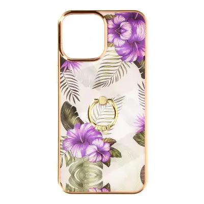 Vijolicni ovitek z vzorcem rožic za iPhone 12 Pro Max, obroc za stojalo
