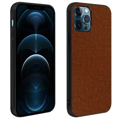 Trden ovitek za iPhone 12 Pro Max s silikonsko konturo, elegantno tkanino - rjava
