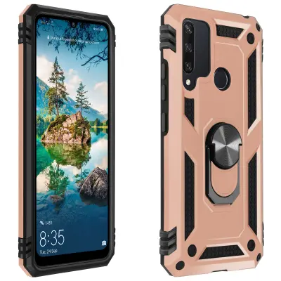 Ovitek za Huawei Y6p, odporen na udarce, s kovinskim obrocem za stojalo - rožnato zlato