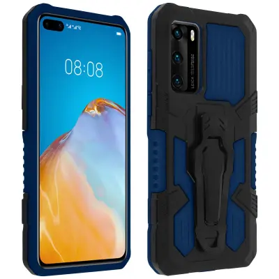 Kovinska torbica s stojalom za Huawei P40, odporna na udarce, s sponko za pas, serija Polyarmor - modra