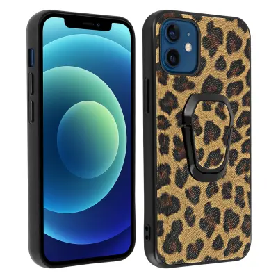 Ovitek za iPhone 12 Mini z leopardjim vzorcem, hibridna zašcita s kovinskim držalom za obrocke - rjav