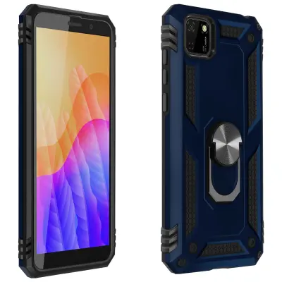 Ovitek za Huawei Y5p, odporen na udarce, s kovinskim obrocem za stojalo - polnocno modra