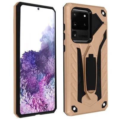 Etui iz dveh materialov za Galaxy S20 Ultra, odporen na udarce, s stojalom za video podporo - rožnato zlato
