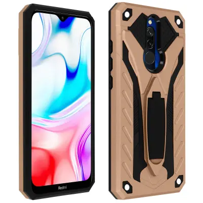 Ovitek za Xiaomi Redmi 8 / 8A iz dveh materialov, odporen proti udarcem, s stojalom za video podporo - rožnato zlato