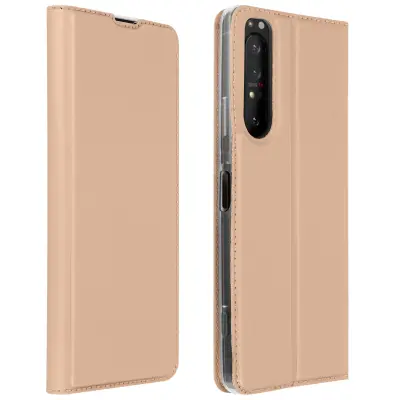 Ovitek s satenastim ucinkom za Sony Xperia 1 II z držalom za kartico in videoposnetkom - roza zlato