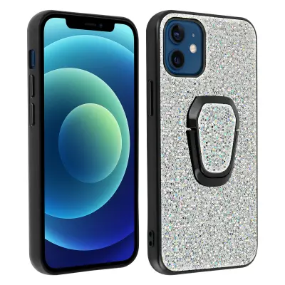 Hibridna zašcita ohišja iPhone 12 Mini z blešcicami in stojalom s kovinskim obrocem - srebrna