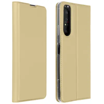 Ovitek s satenastim ucinkom za Sony Xperia 1 II z držalom za kartico in videoposnetkom - zlata