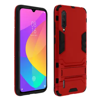 Ovitek iz dveh materialov za Xiaomi Mi 9 Lite, odporen na udarce, zbirka Kickstand - rdec