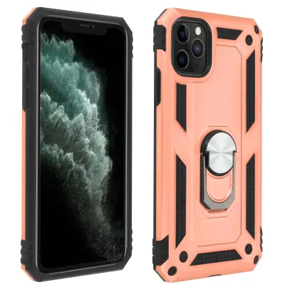 Ovitek za iPhone 11 Pro Max, odporen proti udarcem, s kovinskim držalom za obrocke - roza zlato