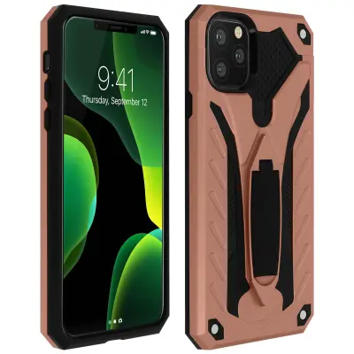 Etui iz dveh materialov, odporen na udarce, s stojalom za video podporo - rožnato zlato str. Apple iPhone 11 Pro