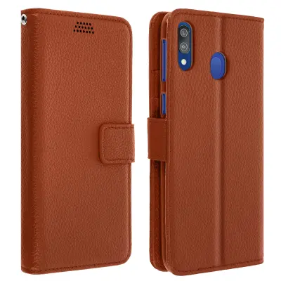 Folio etui, držalo za kartice in video, zrnat ucinek - rjava str. Samsung Galaxy M20
