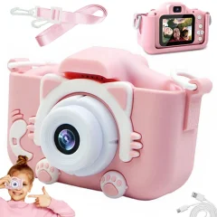 Aku. digitalni fotoaparat LCD za otroke SD roza + etui in trak