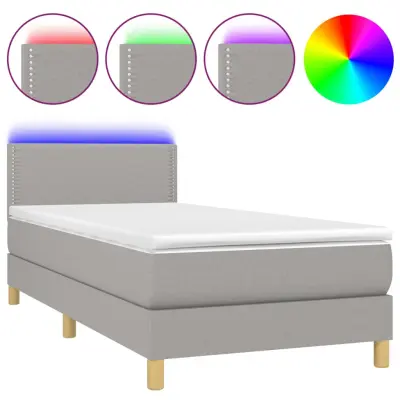 vidaXL Box spring postelja z vzmetnico LED svetlo siva 90x200 cm blago
