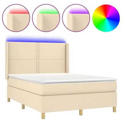 vidaXL Box spring postelja z vzmetnico LED krem 140x200 cm blago